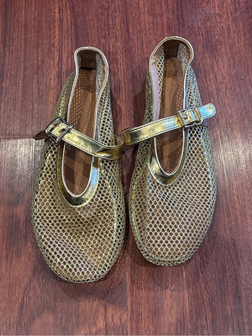 Metallic Gold Mesh Mary Jane Flats with Buckle Strap